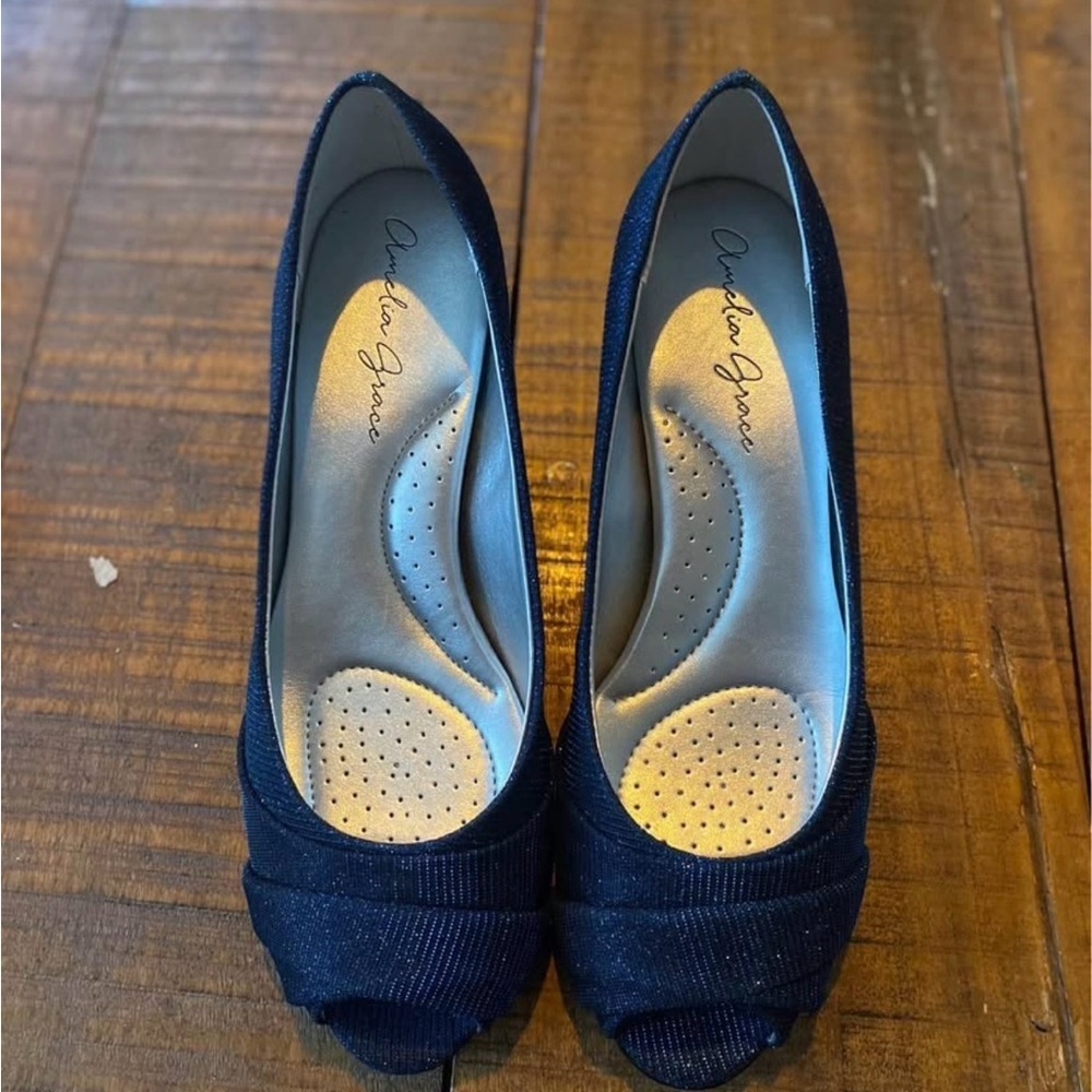 Amelia Grace Elegant Blue Sparkly Peep Toe Heels